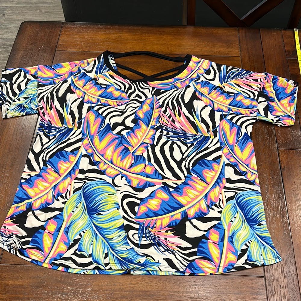 Bright Zebra neon pink yellow blue crazy wild print top with crisscross back